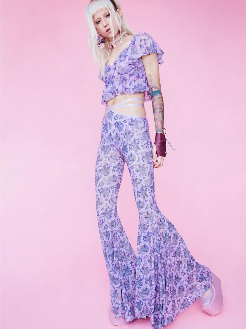 Sugar Thrillz Are We Human Dragon Print Bell Bottoms Mesh Rave Size 1X
